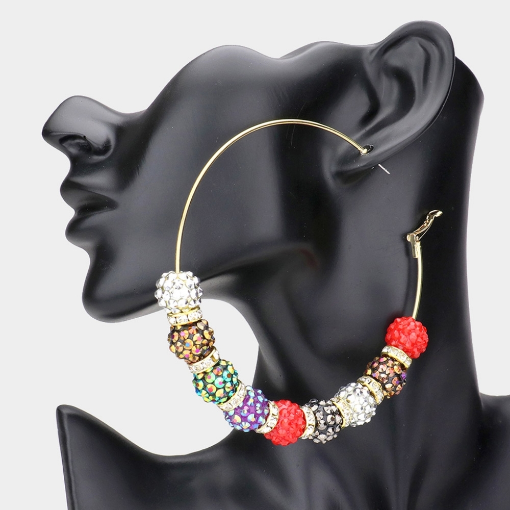 Gold Colorful Shamballa Disco Beads Hoop Earrings Cute Fashion Statement Jewelry